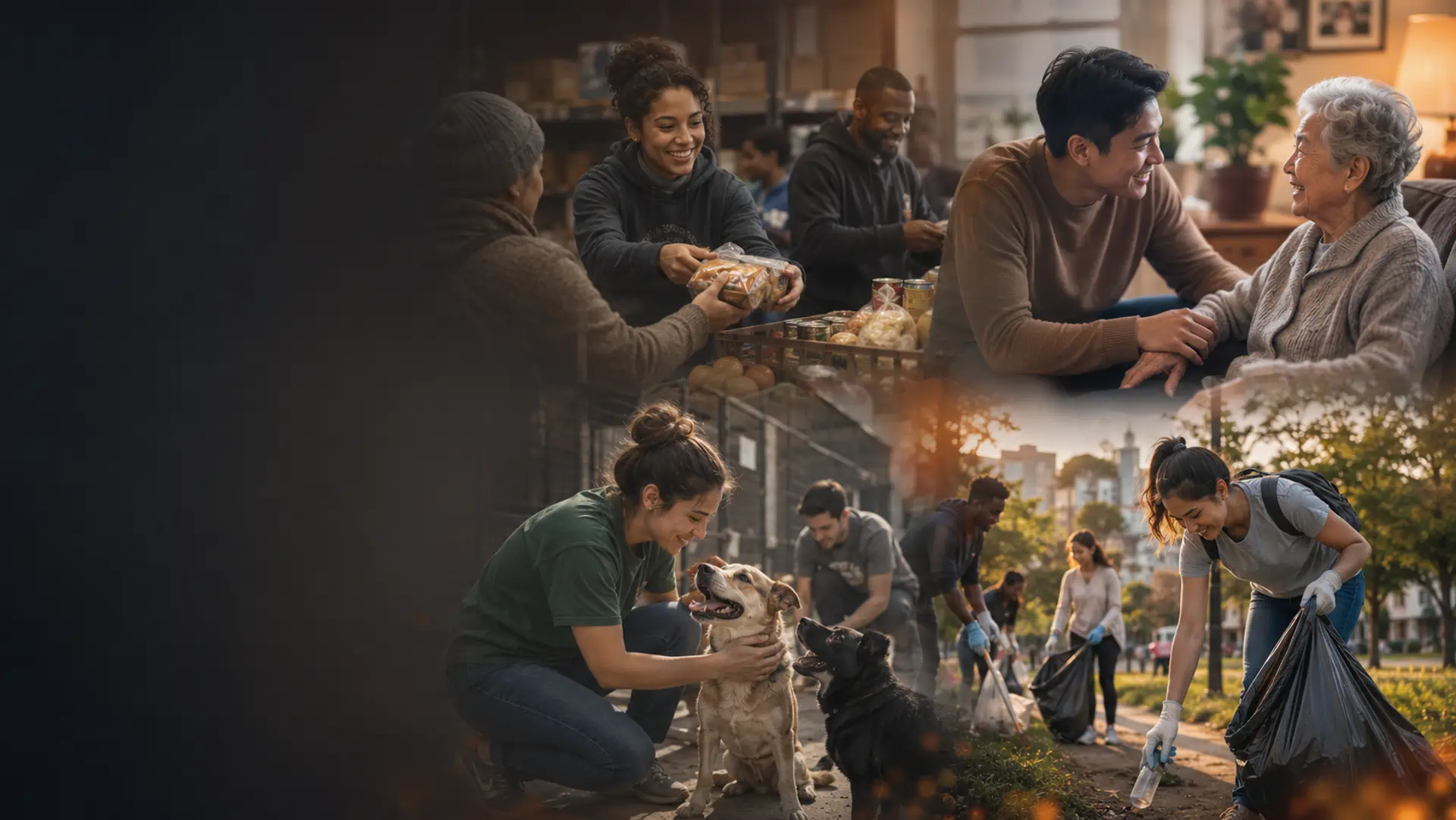 Volunteers helping at a food pantry, visiting a senior, caring for shelter animals, and cleaning a neighborhood park